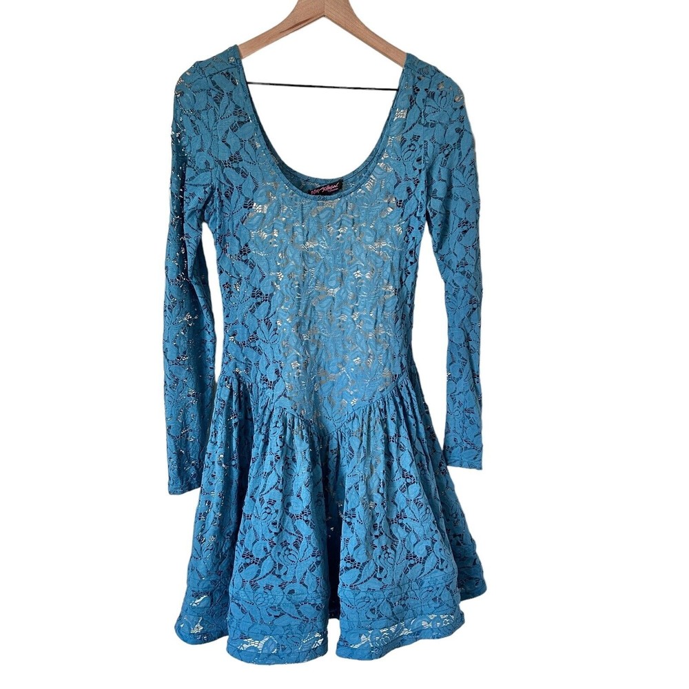 Betsey Johnson Dress Sz Medium Teal Blue Long Sleeve Lace Overlay Fit & Flare